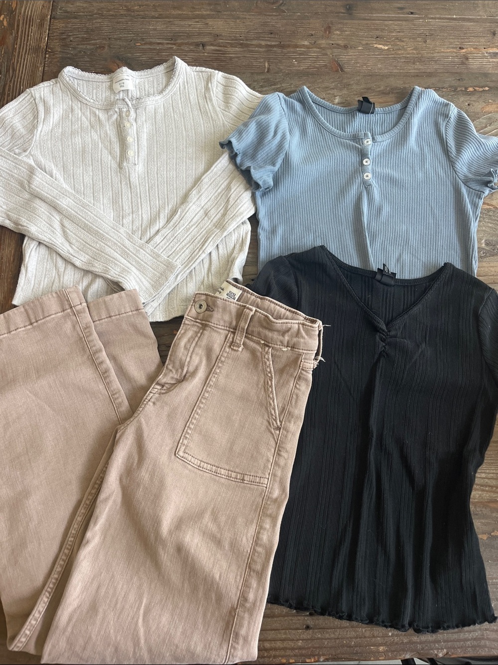 abercrombie kids Cream, Tan, Light Blue, Black Ribbed Tops & Pants Set